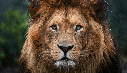 Fototapeta premium A male lion standing in the rain, droplets glistening on its mane