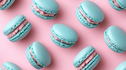 Obraz premium French sweet blue macaroons on color background,French macaron cookies baked pattern,french macaroons,Paris Pastry,bakery and branding concept,Delicious french desserts,copy space.