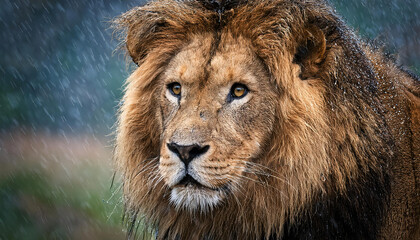 Obraz premium A male lion standing in the rain, droplets glistening on its mane