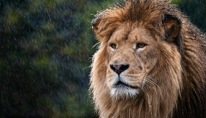 Obraz premium A male lion standing in the rain, droplets glistening on its mane