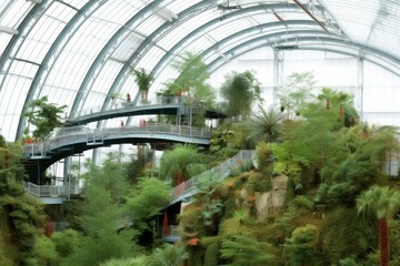 Indoor Tropical Garden with Walkways and Lush Foliage