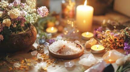The medical treat is placed in a calming, natural environment, surrounded by elements like candles, crystals