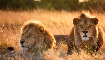 Naklejka premium A lion walking through tall grass, its mane blending with the golden hues of the savannah