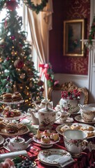 Festive Christmas Afternoon Tea Setup with Fine China, Holiday Pastries, and Decorated Tree