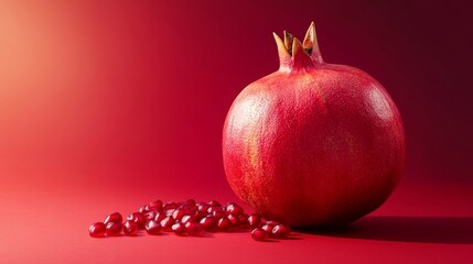A single, ripe pomegranate rests on a vibrant red background, surrounded by a scattering of its ruby-red seeds. This image symbolizes health, abundance, fertility, and the beauty of nature's bounty. T