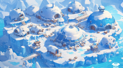 A 2D Arctic background for a platformer game, featuring igloos, icebergs, and snowy platforms. The design includes icy cliffs and snow-covered terrain, with a chilly color palette of cool blues, white