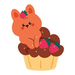 hand drawing cartoon bunny with cupcake. cute food and animal drawing, doodle