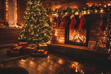 Festive Christmas Living Room with Decorated Tree, Stockings, and Gifts by a Cozy Fireplace
