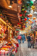 Obraz premium Festive Christmas Market With Holiday Decorations and Shoppers Enjoying Seasonal Treats