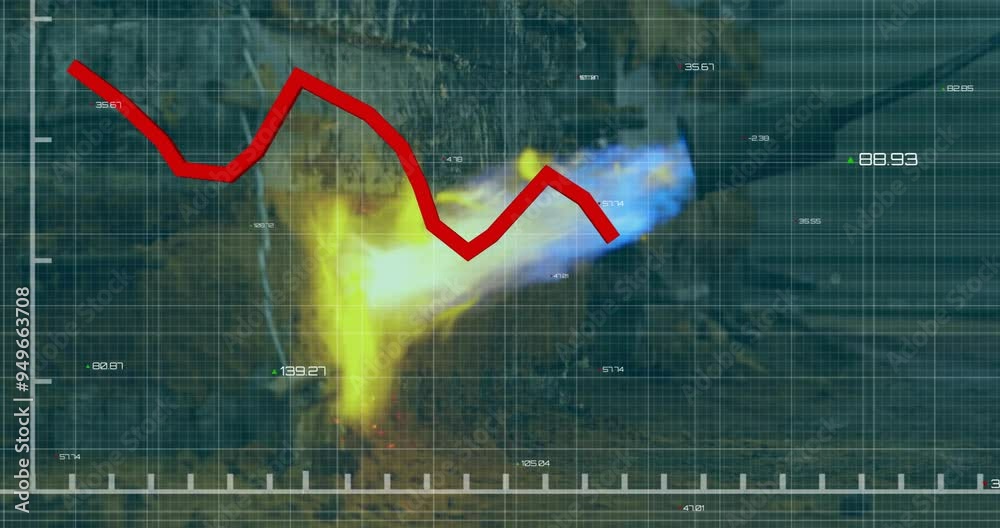 Poster red line graph animation over heatmap data visualization on grid background