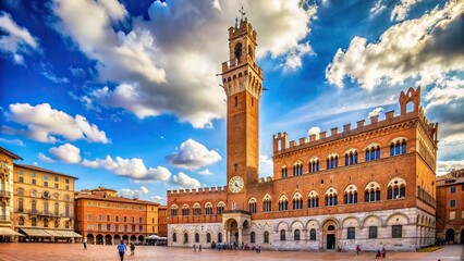 10. The imposing Palazzo Pubblico in Sienna's central square houses the town hall and civic museum, a magnificent example of Gothic architecture, a realistic photo image.