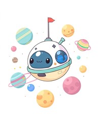 Kawaii vector art cartoon colorful illustration of ufo and planet