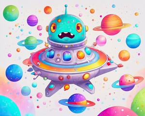 Kawaii vector art cartoon colorful illustration of ufo and planet