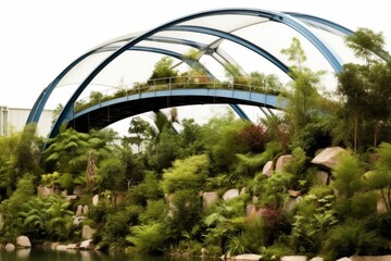 Fototapeta premium Modern Bridge Over Lush Garden: A Glimpse of Architectural Harmony