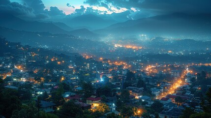 Obraz premium Night View of City Lights with Mountain Background.