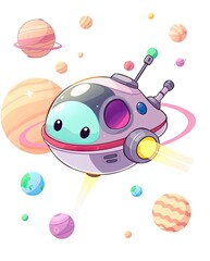 Fototapeta premium Colorful 3d illustration of UFO alien spaceship flying with colorful planets