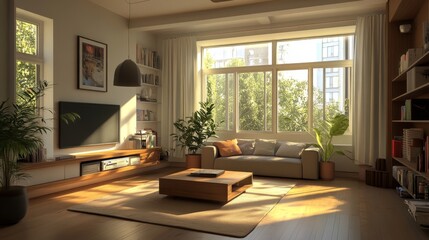 A spacious and inviting living room with large windows that flood the space with natural light. The room features a comfortable sofa, a sleek TV stand, and a stylish coffee table. The warm tones of th