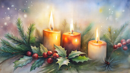 Warm holiday candles surrounded by holly and pine branches in a watercolor style, festive atmosphere for Christmas
