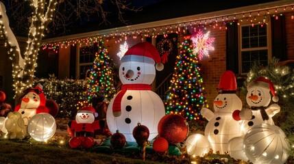 Cheerful Front Yard Christmas Decorations with Inflatables and Twinkling Holiday Lights