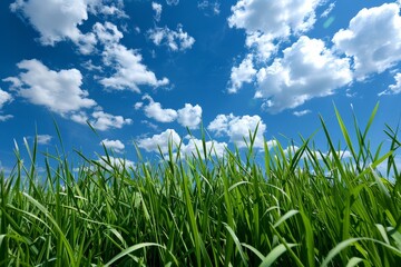 Obraz premium A field of vibrant green grass under a bright blue sky on a sunny day, The beauty of simplicity captured in the sight of vibrant green grass and a pristine blue sky