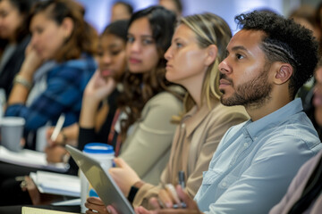 Obraz premium Engaged Adult Learners in a Professional Digital Marketing Seminar Taking Notes and Interacting