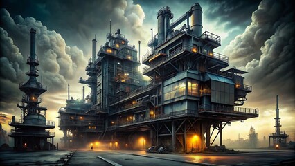 Fototapeta premium futuristic industrial mechanical behemoth monolithic structure steel gray tones gritty urban landscape dramatic low key lighting harsh shadows