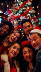 Festive Friends Celebrating Christmas with Joyful Selfie by Decorated Tree and Lights