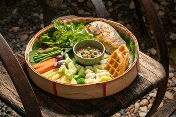 Fried mackerel with shrimp paste sauce and vegetable set. Authentic Thai food.