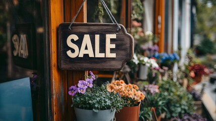 Obraz premium SALE written on a rustic wooden sign hanging from a storefront, surrounded by flower pots.