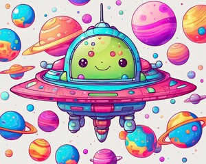 Naklejka premium Colorful 3d illustration of UFO alien spaceship flying with colorful planets