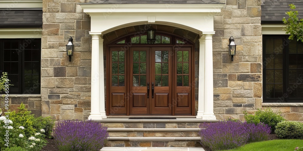 Wall mural an upscale residential entrance, double wooden arched doors with glass panes, portico with white tri