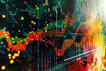 A vibrant abstract background featuring a map of the world in colorful splashes and patterns, The blend of art and data visualization in stock market charts