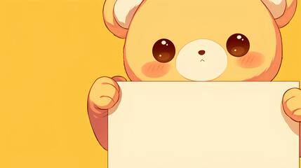 Fototapeta premium cute bear holding up a blank sign, colorful cartoon character, empty banner,, anime style, cute kawaii, simple, smiling happy. isolated background