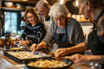 Middle-Aged Friends Enjoying a Cooking Class Making Homemade Pasta with Chef's Guidance