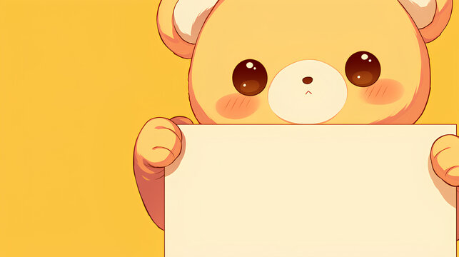 cute bear holding up a blank sign, colorful cartoon character, empty banner,, anime style, cute kawaii, simple, smiling happy. isolated background