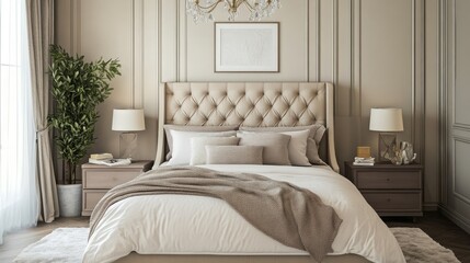 Comfortable and elegant bedroom interior with luxury bedding, tasteful decor, and a peaceful ambiance, creating a relaxing space