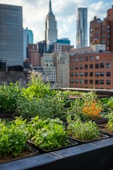 Fototapeta premium Rooftop garden with an assortment of herbs and small vegetables. City skyline during the day, Generative AI