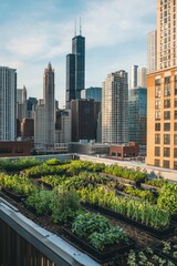 Fototapeta premium Rooftop garden with an assortment of herbs and small vegetables. City skyline during the day, Generative AI