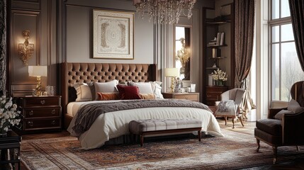 Elegant bedroom interior with luxurious furnishings, soft bedding, and tasteful decor, creating a comfortable and relaxing environment
