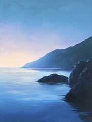 Fototapeta premium A tranquil seascape captured at dusk, showcasing the serene beauty of a coastline with gentle hills and a calm, reflective ocean. The scene evokes a sense of peace, tranquility, and the magic of twili