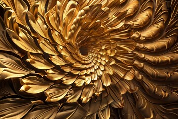 Detailed shot capturing the beauty of a gold flower in full bloom, The brilliance of gold captured in a symphony of shapes and patterns