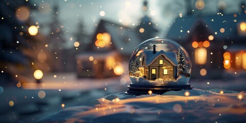 A Snow Globe with a Cozy Cabin in a Snowy Village at Night