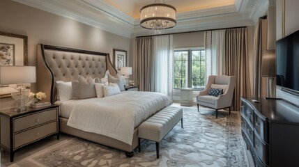 Luxurious bedroom with comfortable furnishings, elegant decor, and a serene setting, designed for relaxation and beauty