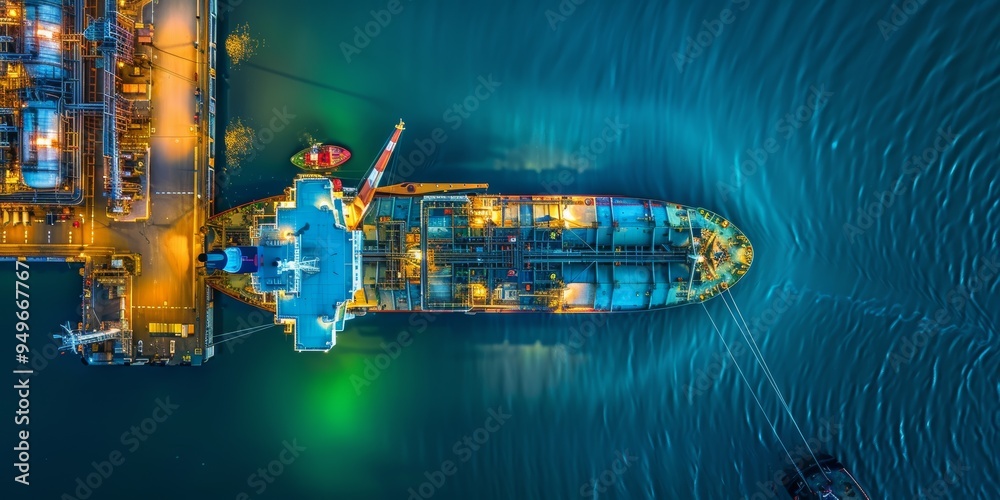 Poster aerial view of a tanker ship docked at an illuminated refinery
