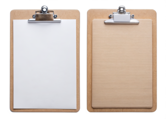 Two wooden clipboards with silver clips against a white background. One has blank paper, the other has lined paper. Both are vertical with light wood finish