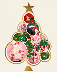 Collage of festive Christmas circles, arranged in tree shape, highlighting family, dog, and classic Christmas moments in warm, holiday setting. Contemporary art. Concept of Christmas, 2025. Postcard