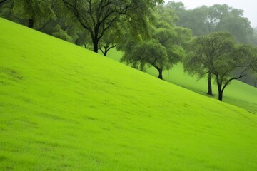 Obraz premium Lush Green Grass Rolling Hills with Rain Forest Trees