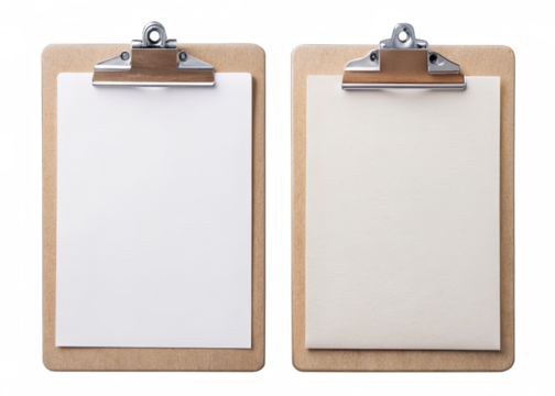 Two wooden clipboards with blank white paper are side-by-side against a white background