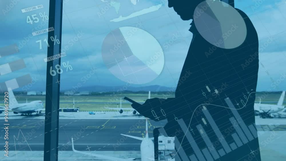 Canvas Prints Businessman using smartphone, financial data animation over airport runway background