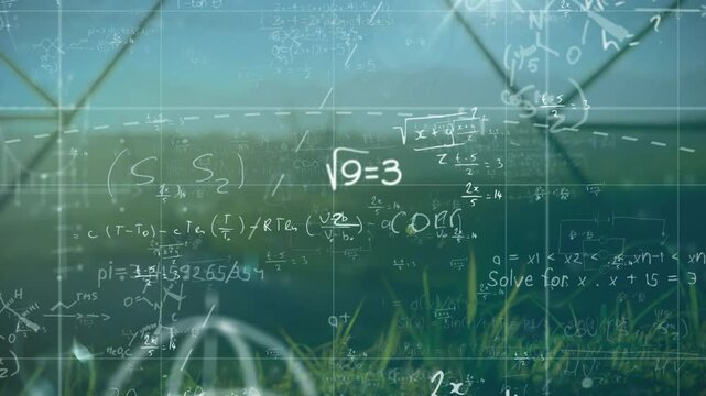 Mathematical equations and formulas animation over green field background